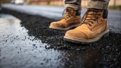 A closeup of a workers boots sinking slightly into the fresh asphalt with black smudges showing the texture and temperature of the material as its being compacted.