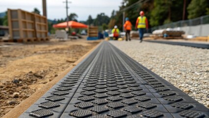 A closeup of a wide sy pathway made of interlocking mats designed to facilitate wheelchair access over gravel with construction workers seen in the background working on a
