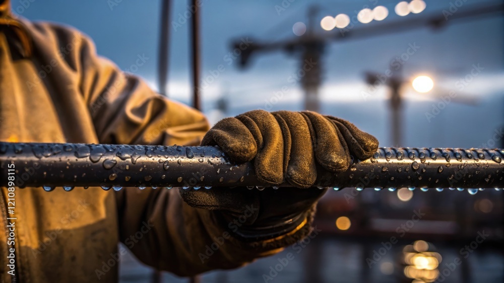 Poster a closeup of a workers worn gloves gripping a heavy steel bar with tiny droplets of water pooling on