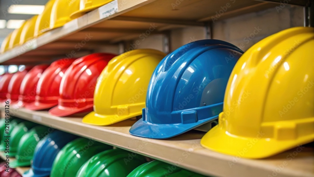 Poster A closeup of colorful construction safety helmets arranged neatly on a shelf symbolizing safety and professionalism in the construction of affordable housing units.