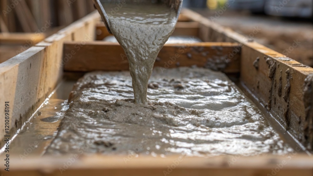 Poster A closeup of concrete being poured into a form with the wet mixture glistening and the texture visible as it fills the mold illustrating the physicality of construction.