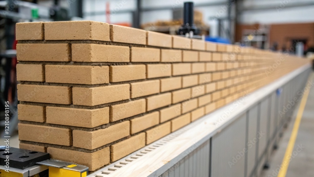 Aufkleber A closeup of completed wall sections built by the robot displaying the neat and orderly brick arrangement highlighting the quality and consistency achieved through robotic