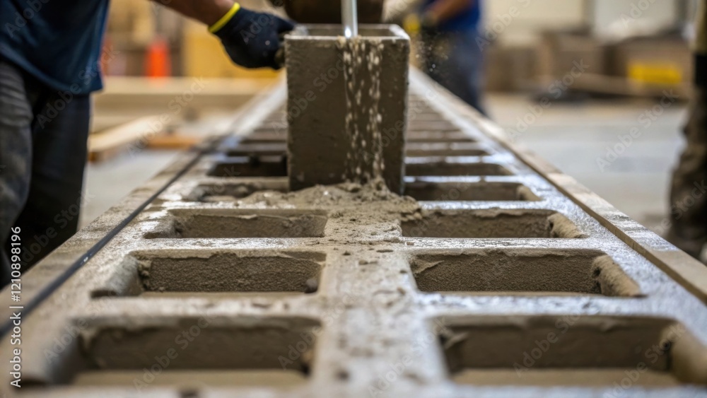 Poster A closeup of concrete being poured into mold forms with workers guiding the flow emphasizing the tactile gritty nature of the construction process and the momentary splashes that