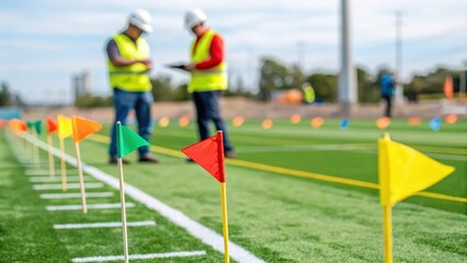 A closeup of colorful construction flags marking the layout of a future playing field with workers in the background assessing the survey lines and preparing for excavation.