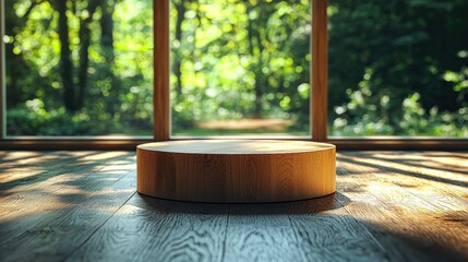 Fototapeta premium Wooden platform, forest view, sunlit room, product display