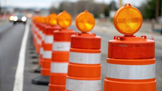 A closeup of bright orange safety cones and flashing lights signaling a makeshift construction zone on a roadway illustrating the critical need for public safety during urgent