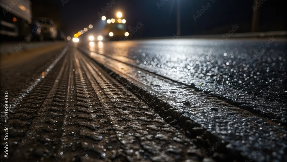 Poster a closeup of freshly poured asphalt glistening in the artificial light with tire tracks marring its 