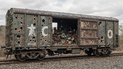 Naklejka premium Abandoned bullet ridden train car with decaying military cargo