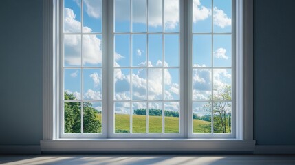 Naklejka premium Bright summer day view through large window overlooking lush green landscape