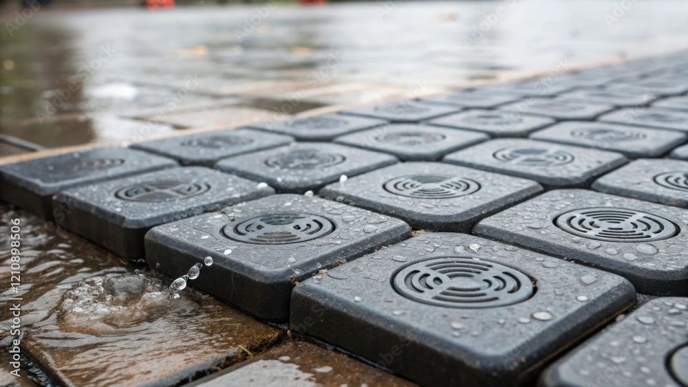 Poster A closeup of interlocking smart pavement tiles designed to capture rainwater with sensors embedded within showcasing innovative drainage and sustainability features in urban