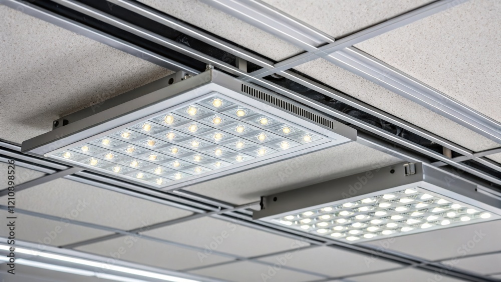 Poster a closeup of new energyefficient led fixtures being installed into a modern ceiling grid illustratin