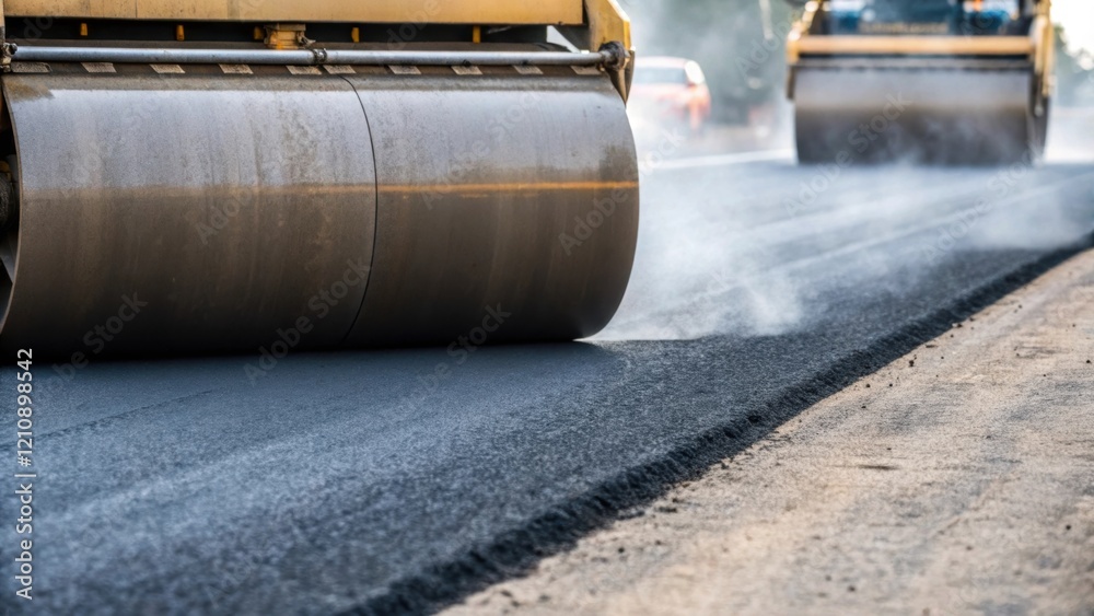 Poster A closeup of pavement rollers compacting layers of asphalt during a road upgrade capturing the smooth texture and steam rising from the hot material.