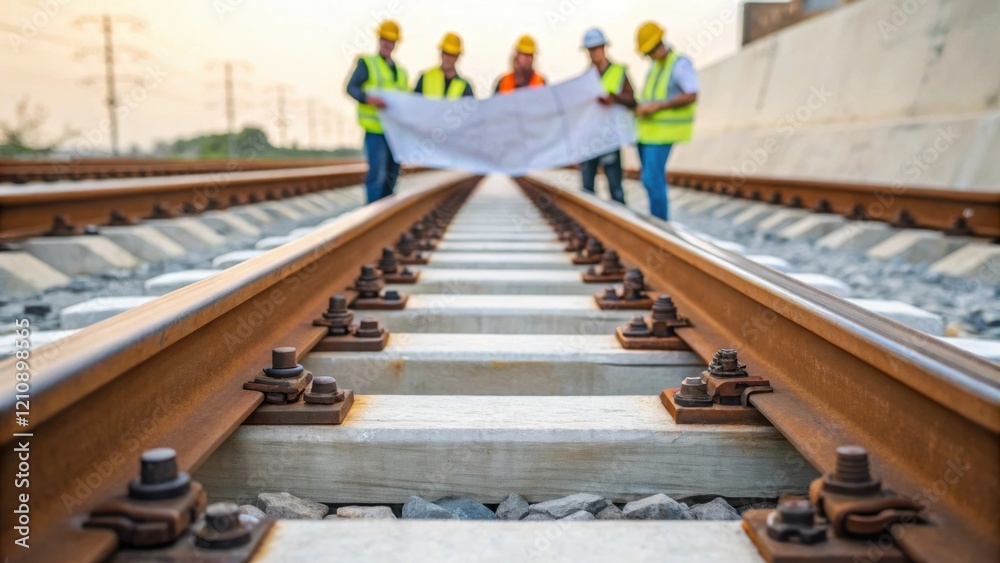 Poster A closeup of rail tracks resting on wooden sleepers with intricate fastening systems visible emphasizing the engineering details crucial for ensuring highspeed travel safety.
