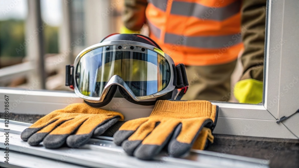 Poster a closeup of protective gear such as goggles and gloves worn by a worker as they prepare to install 