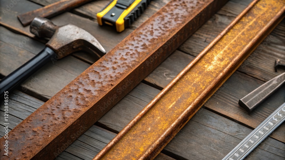 Poster a closeup of recycled steel beams showing their unique textures and rust patina illustrating the use
