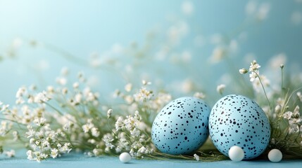 Fototapeta premium Elegant easter arrangement with quail blue eggs on a soft blue background