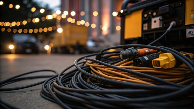 A closeup of lighting cables and connectors tangled in a pile next to a generator with the soft glow of lights in the background emphasizing the role of reliable power sources in