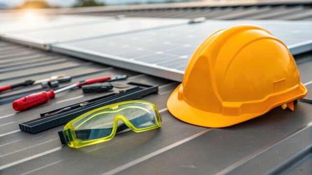 A closeup of protective gearsafety goggles and a helmetlaying on the rooftop next to tools and solar panel components emphasizing the safety precautions taken during the