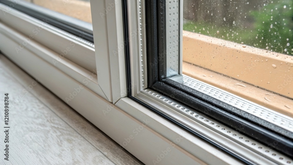 Poster A closeup of the condensationproof spacer bar within a triplepane window emphasizing how it separates the panes while maintaining an airtight seal for energy efficiency.