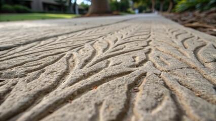 A closeup of textured concrete resembling the intricate patterns found in tree bark highlighting the tactile quality of the material and its ability to blend with the surrounding