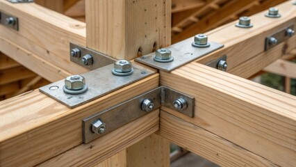A closeup of the connections between CLT panels and the use of metal fasteners highlighting the engineering aspects of CLT construction and the strength of structural junctions.