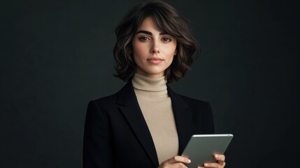 Fototapeta premium Confident businesswoman holding digital tablet, posing in studio, wearing formal black suit and beige turtleneck, representing modern business and technology