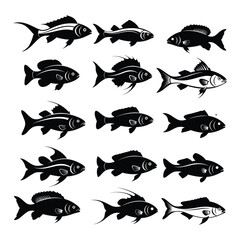 Fish Collection Icons silhouettes with white background