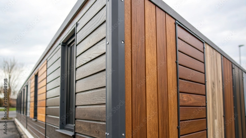 Poster a closeup of the exterior finishes on modular units highlighting the diverse materials and textures 