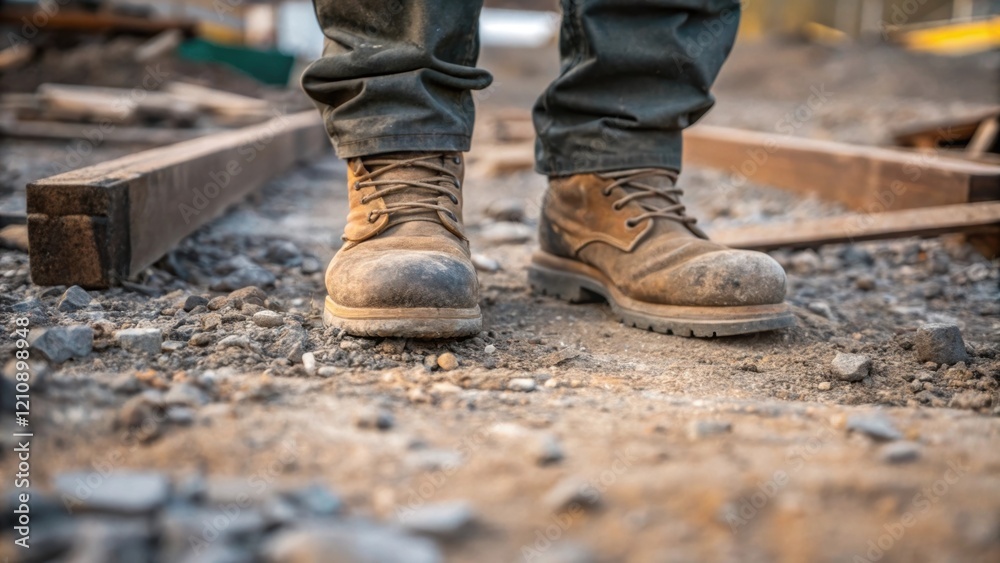 Poster a closeup of the foremans boots standing on the uneven ground of the construction site with gravel a