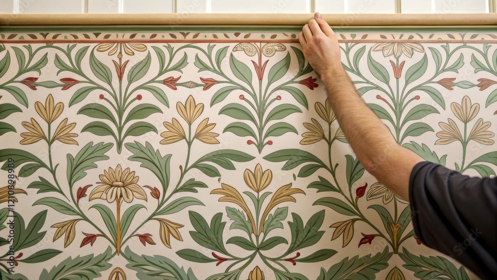 Poster A closeup of the intricate pattern on the wallpaper reveals delicate details of leaves and flowers with a workers hand expertly positioning the next segment above an already hung