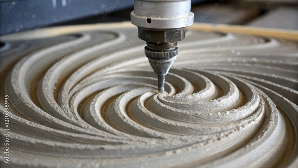 Aufkleber A closeup of the nozzle tip extruding concrete surrounded by swirling spirals of newly printed structure capturing the fluid motion and the moment of material application.