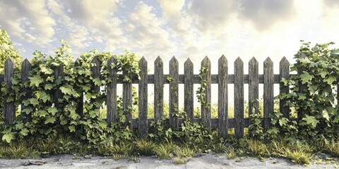 Obraz premium Tranquil scene featuring an aged fence adorned with ivy weaving gracefully through its weathered slats.