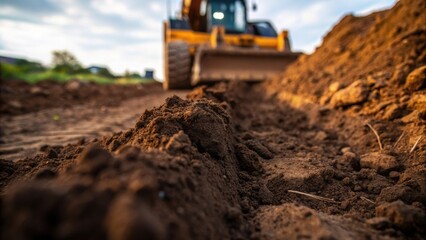 Fototapeta premium A closeup of the freshly disturbed earth around the excavation site highlighting the contrast between the dark moist soil and the vibrant dry dirt being unearthed by the machine.