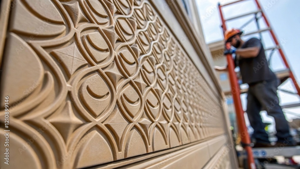 Aufkleber A closeup of the textured surface of a facade panel highlighting the intricate design and finish while a worker in the background prepares to hoist another panel into place.