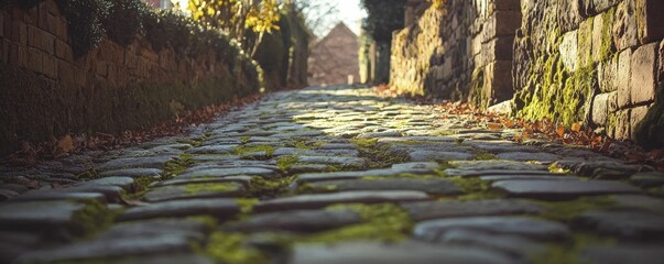 Naklejka premium A serene view of a cobblestone alley with moss growing between the stones.