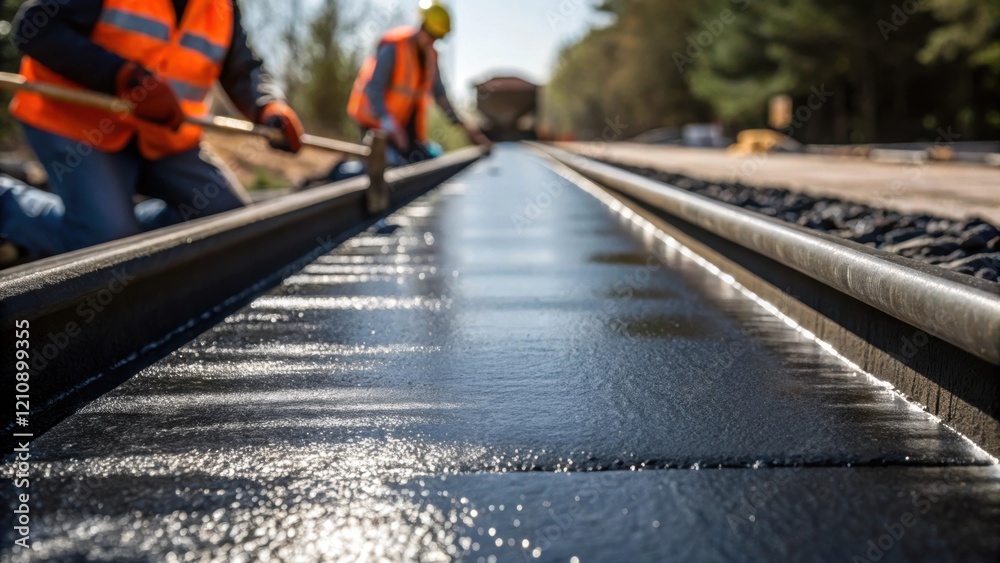 Poster a closeup of workers pouring asphalt on a newly constructed rail access road with the smooth black s