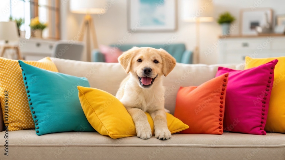 Poster a closeup on a couch adorned with vibrant pillows in a living room where a playful puppy is seen joy