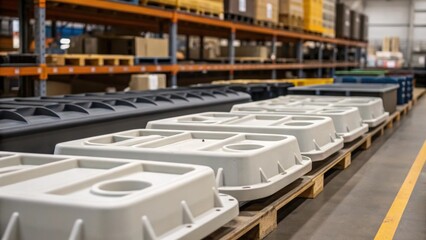 A closeup of various prefabricated components lined up in a warehouse emphasizing the organized arrangement and the diverse shapes and sizes of the elements ready for transport.