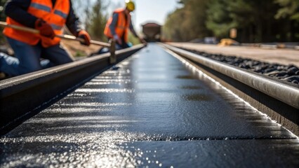 A closeup of workers pouring asphalt on a newly constructed rail access road with the smooth black surface reflecting sunlight as they use hand tools for finishing touches.