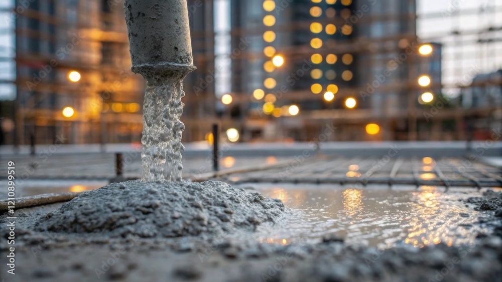 Poster a closeup shot capturing the rich gray texture of freshly mixed concrete as it cascades from the pum