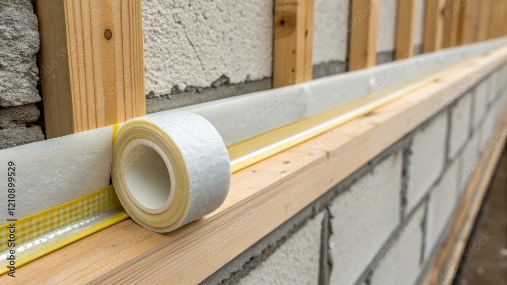 Poster A closeup shot capturing the intricate detail of airtight construction ods where specialized tape seals a joint between the insulation and wall demonstrating precision in