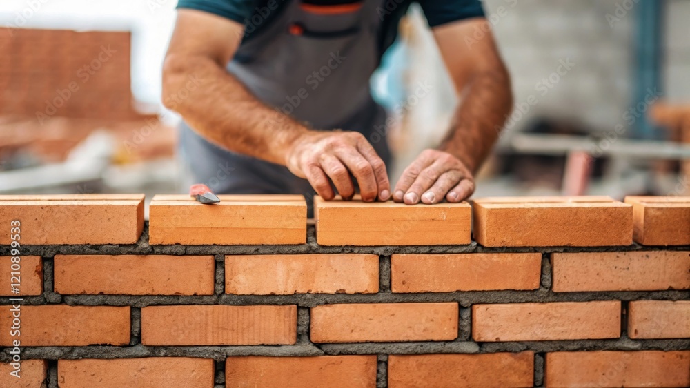 Poster a closeup shot of a bricklayer setting bricks in quick succession his skilled hands moving purposefu