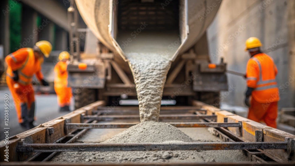 Aufkleber a closeup shot of a concrete mixer pouring a mixture into a mold for a tunnel entrance with workers 