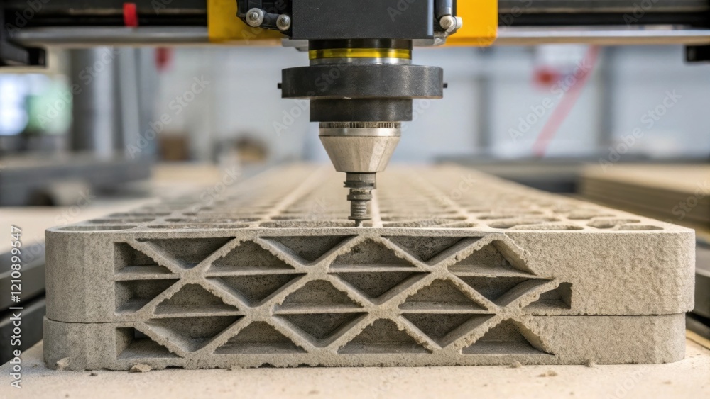 Poster A closeup shot of a 3D printer extruding concrete in layers revealing the texture of the material as it builds complex shapes emphasizing innovation in construction materials and