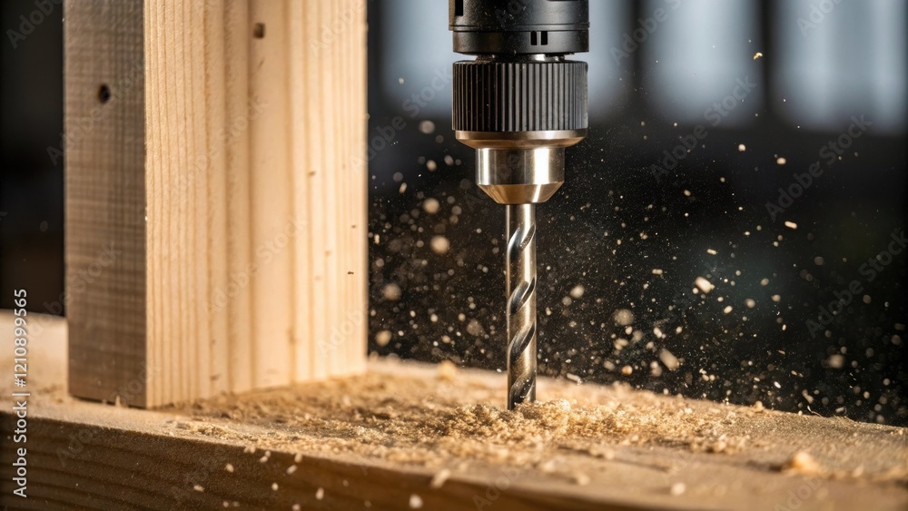 Poster A closeup shot of a drill bit sinking into a wooden post the focus on the tools precision and the dust motes in the light illustrating the technical aspects of construction.