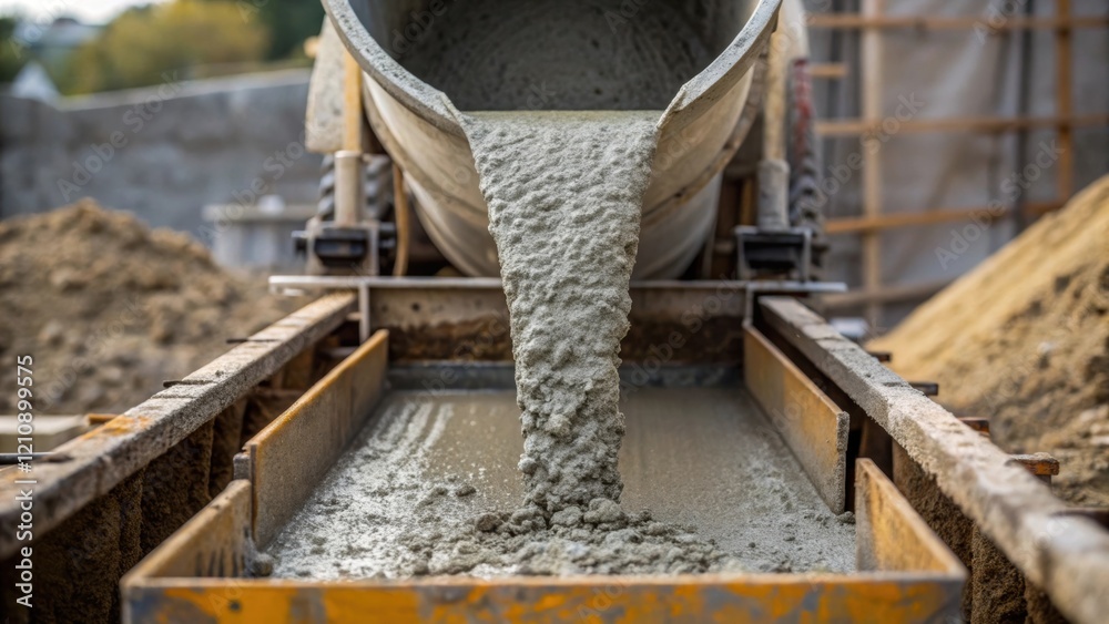 Poster a closeup shot of a concrete mixer pouring cement into a mold with the texture of the wet concrete c