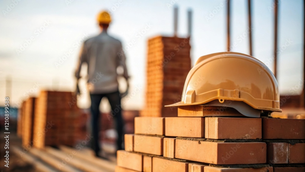 Poster A closeup shot of a construction helmet resting on a stack of bricks with a workers silhouette in the background emphasizing the end of the construction project.