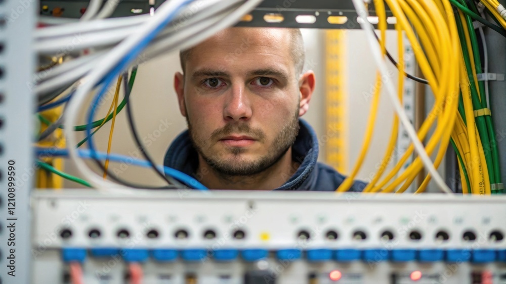 Poster a closeup shot of a control panel being wired highlighting the technicians concentrated gaze and the
