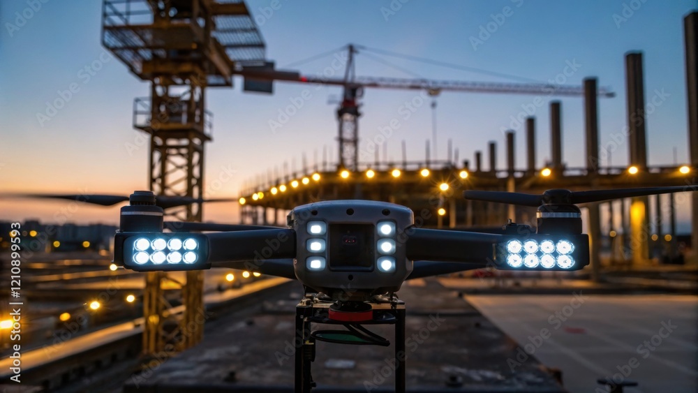 Poster a closeup shot of a drones led lights illuminating a construction site at dusk revealing the intrica