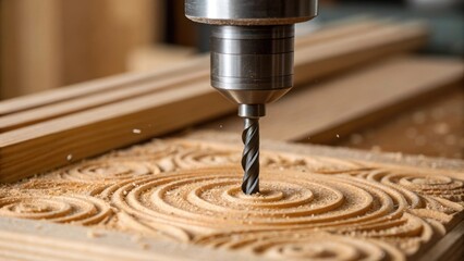A closeup shot of a drill bit piercing through the cabinet substrate capturing the swirling shavings as wood is emphasizing the craftsmanship involved in the assembly process.